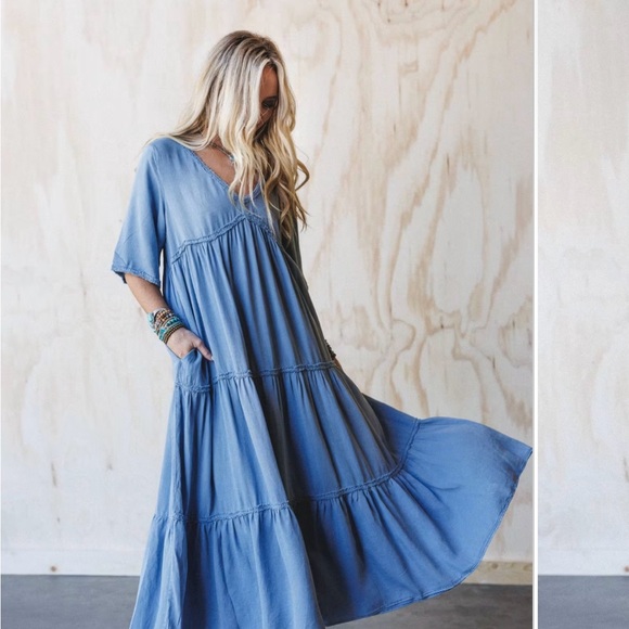 Three Bird Nest Sky Blue Maxi Dress - Picture 1 of 4
